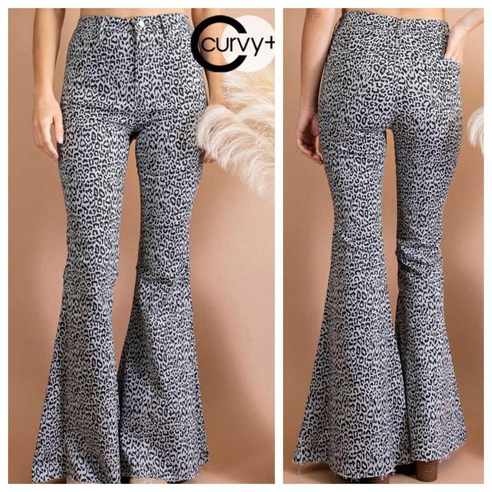 Gray Leopard Stretch Bell Bottom Jeans- Sz 14- sku:9185- 32” Inseam